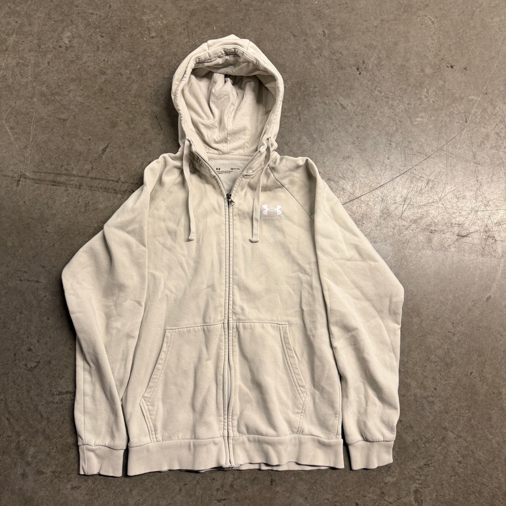 Under Armour Womens Rival Fleece Full Zip Hoodie Beige Small Raglan Sleeve Logo